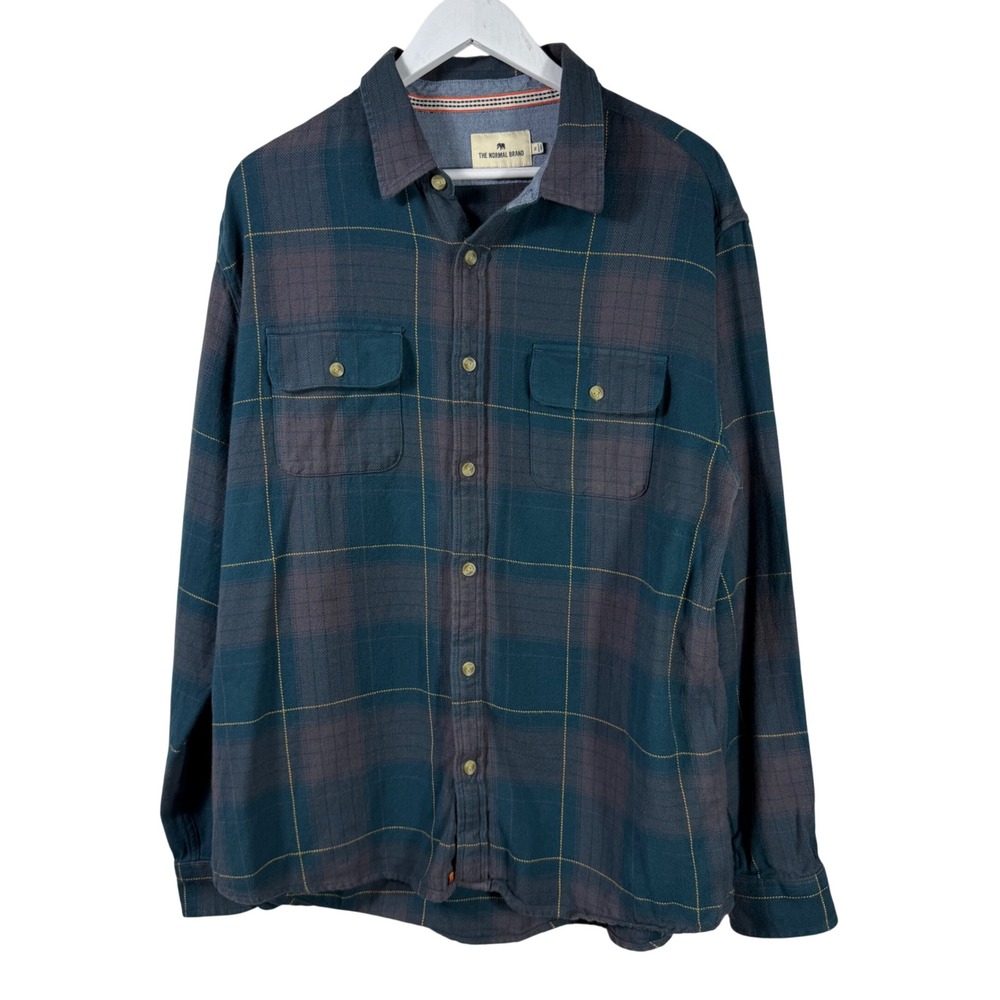 The Normal Brand Mens XL Plaid Flannel Button Down Shirt Teal Brown Cotton